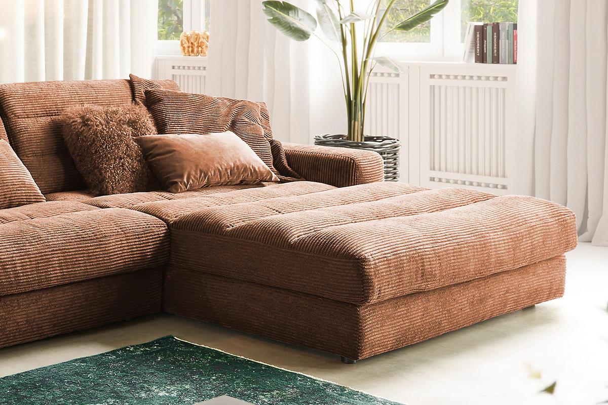 ECKSOFA XL LANA Braun Cord - Dunkelbraun/Schwarz, Textil (416/205cm) - KAWOLA