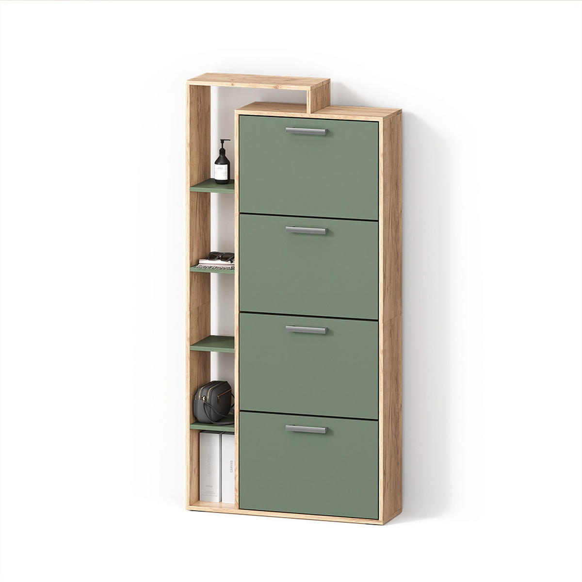 SCHUHKIPPER Ortello Goldkraft Eiche/Grün 80 x 166.1 cm mit 4 Fächern - Eichefarben/Grün, Holzwerkstoff (80/166.1/24.2cm) - Livinity®