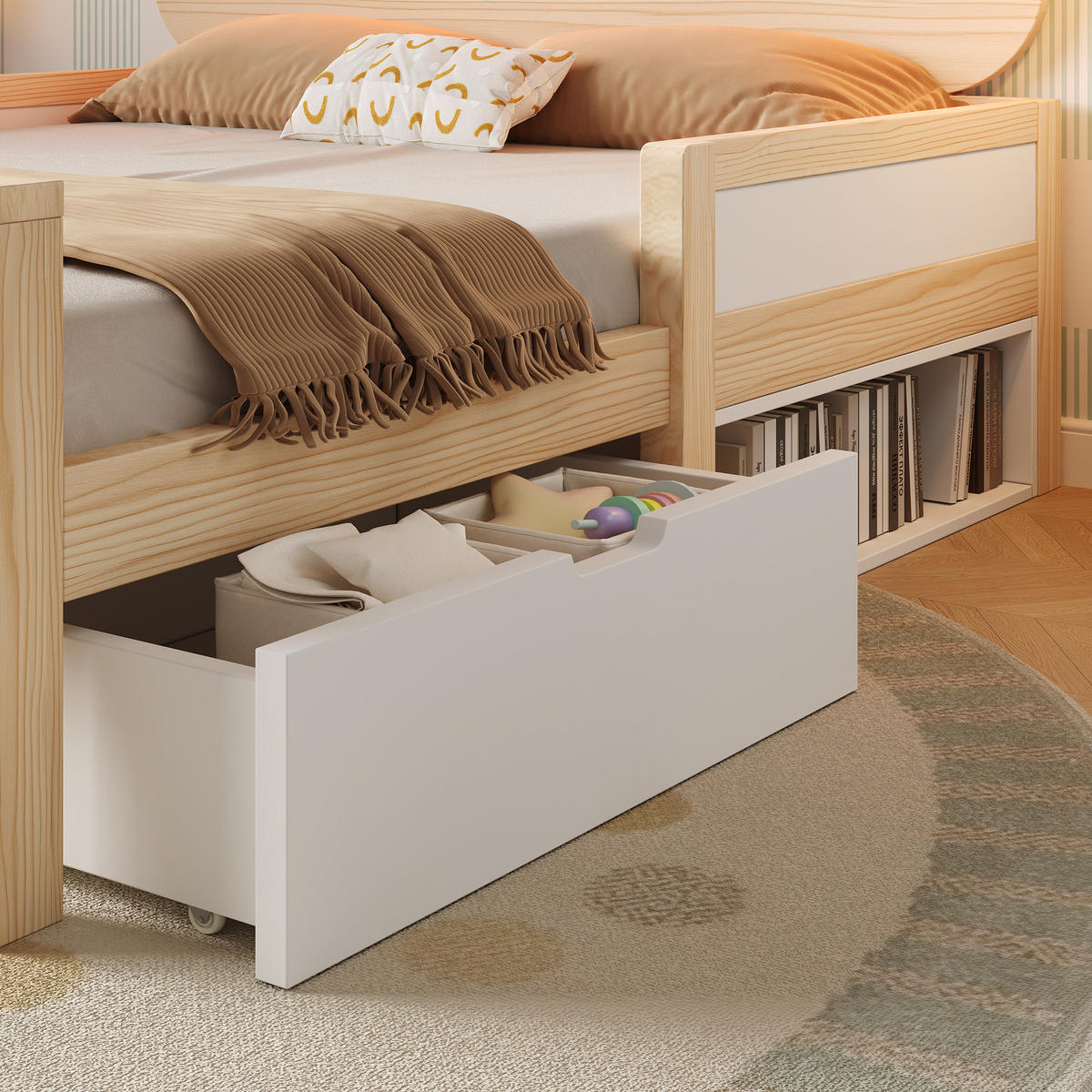 KINDERBETT 90/190 cm in Weiß & Eiche mit Schublade, Staufach, LED und Schutzgittern Massivholz Design - Naturfarben/Weiß, Holzwerkstoff (90/190cm) - STILVORA