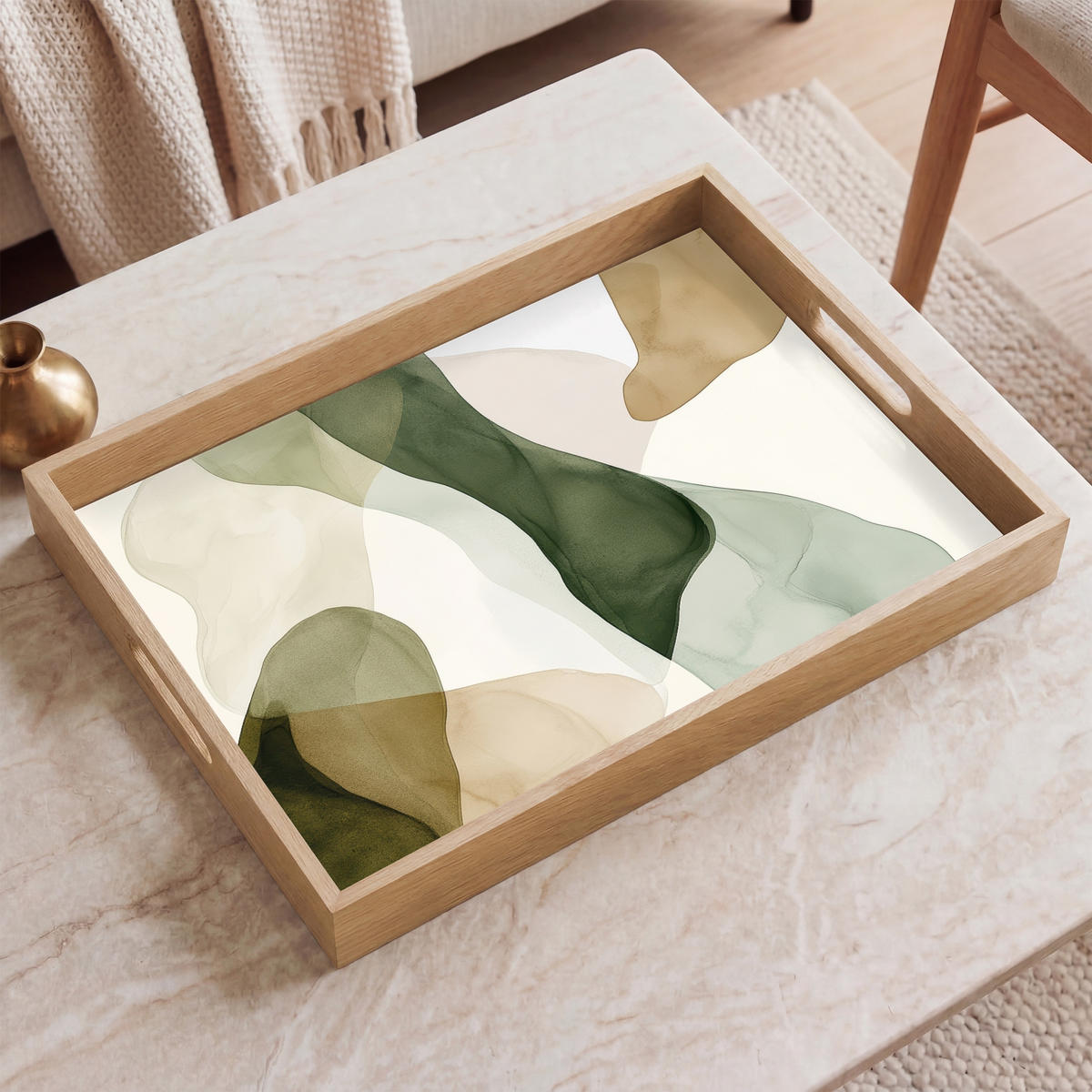 TABLETT - Japandi - Abstrakt - Grün - 50x35 cm - Grün, Holz (50/5/5cm) - OnlyWow
