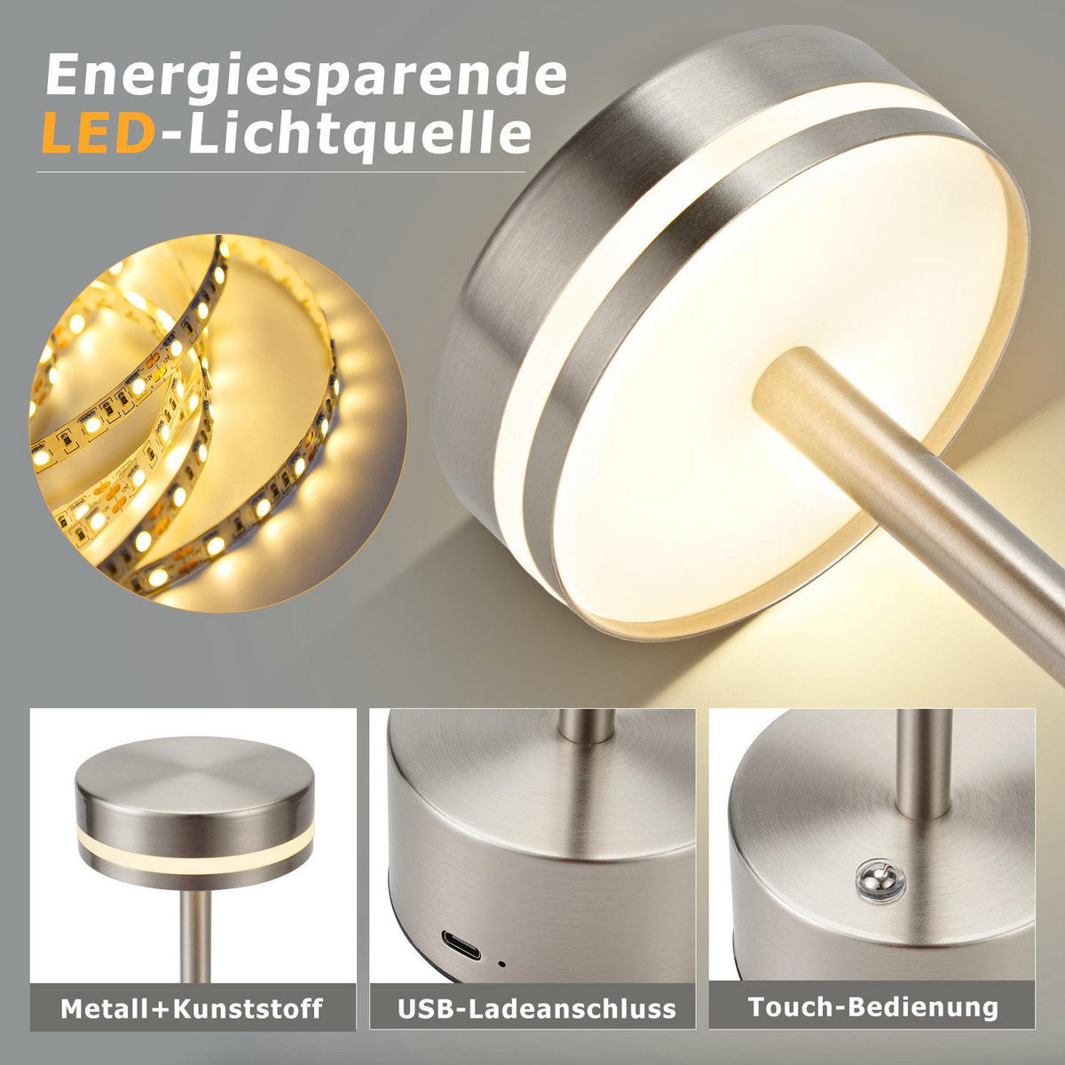 LED stolní lampa Abesser 8/8/31,5 cm (sada 2 ks) - stříbrná, kov (8/8/31.5cm) - Nettlife