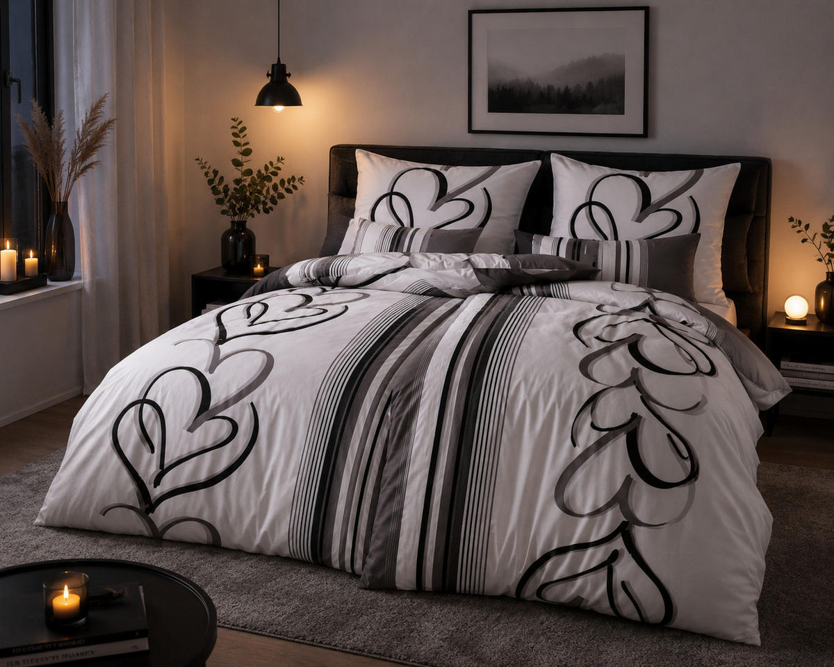 BETTWÄSCHE Herzen Weiß/Grau 155x220 cm Extra Lang 2-teilig - Multicolor, Naturmaterialien (155/220cm) - Nesbel – Beauty & Ambiente