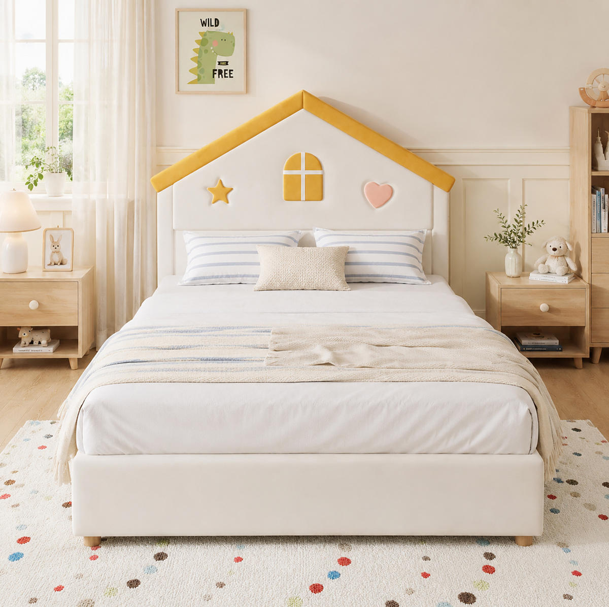 KINDERBETT aus französischem Samt 140x200 cm Beige mit 4 Schubladen und Haus-Kopfteil - Beige, Textil (140/200cm) - Modfu