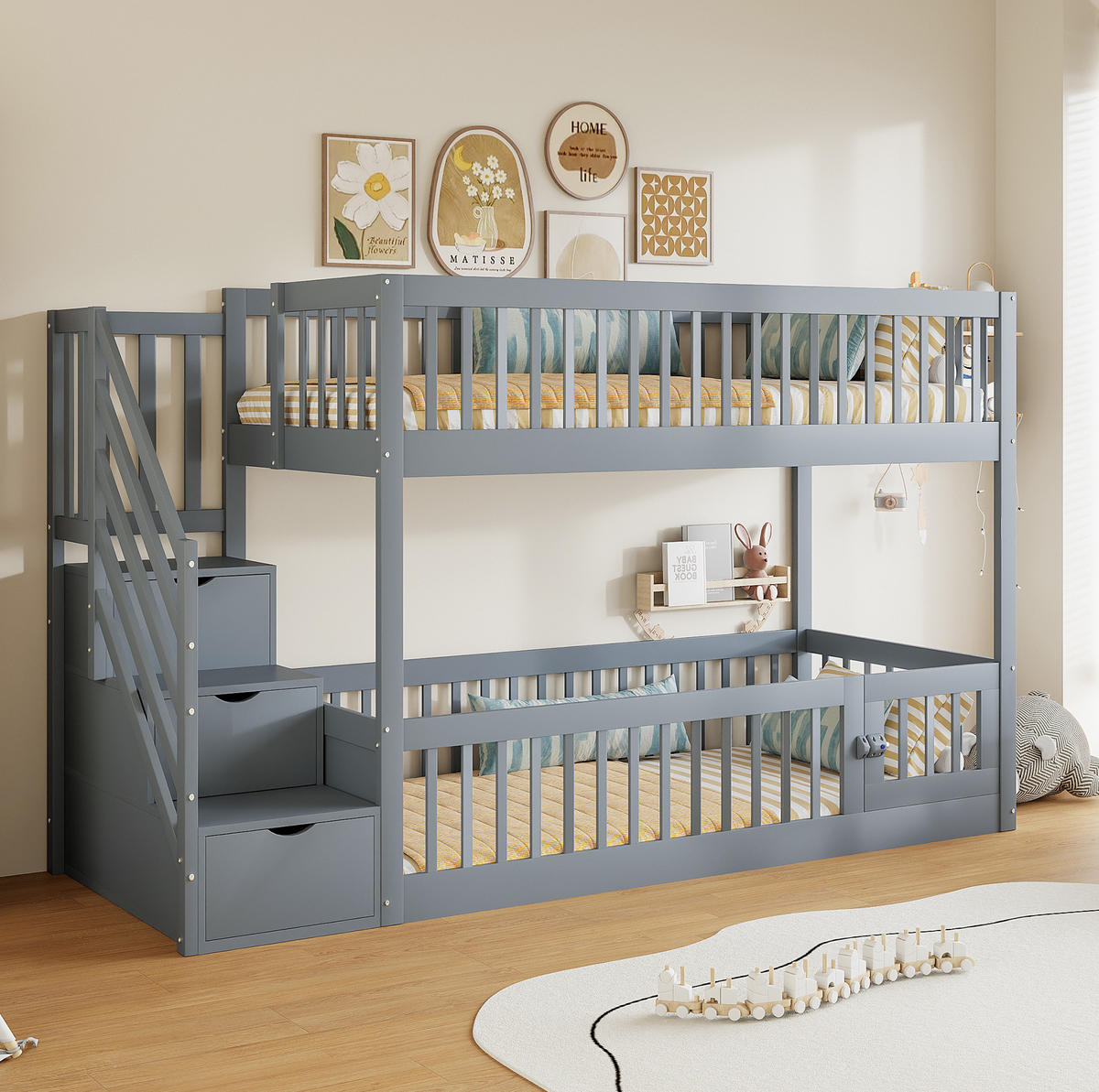 ETAGENBETT mit Stauraumtreppe 90x200 cm Massivholz Grau - Grau, Holzwerkstoff (90/200cm) - Beauniv