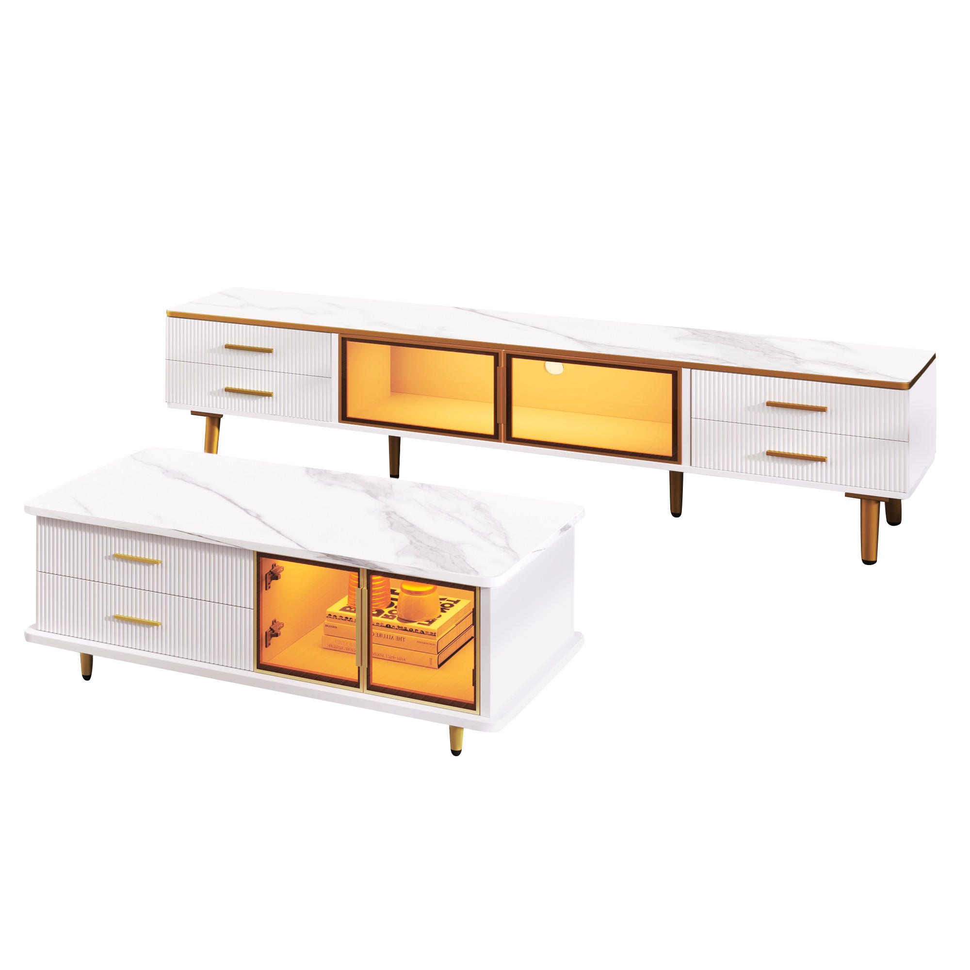 LOWBOARD DE-40544 und Couchtisch mit LED und Glas Weiß - Weiß, Holzwerkstoff (170/37/37cm) - ComfortXL