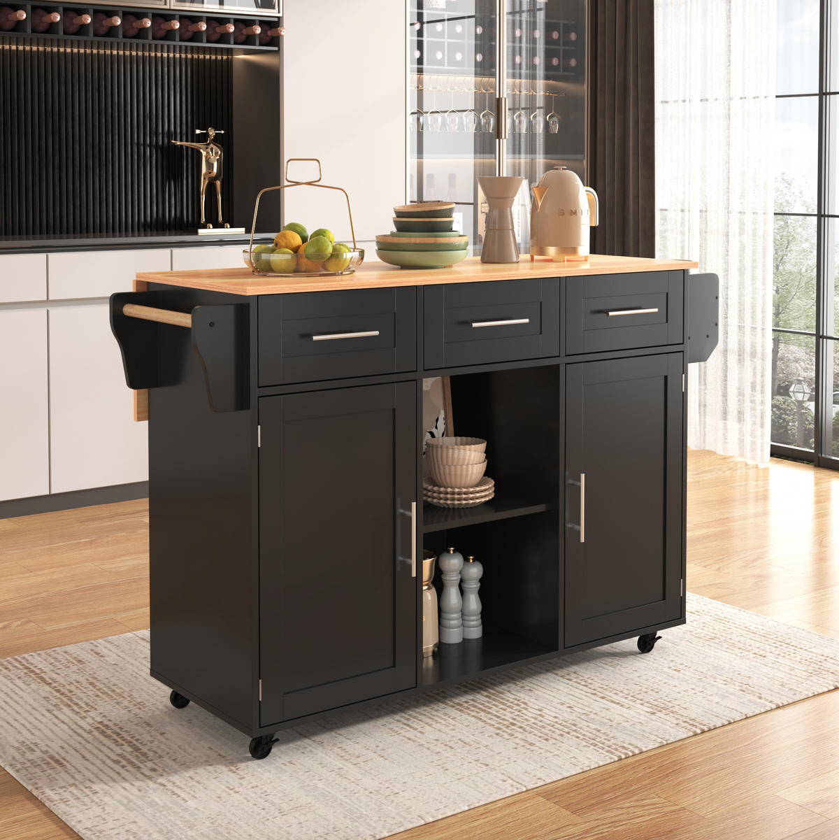 KÜCHENWAGEN mit Klappplatte 139 x 46(71) x 91,5 cm Schwarz/Natur - Schwarz, Holz (46/91.5/139cm) - Beauniv