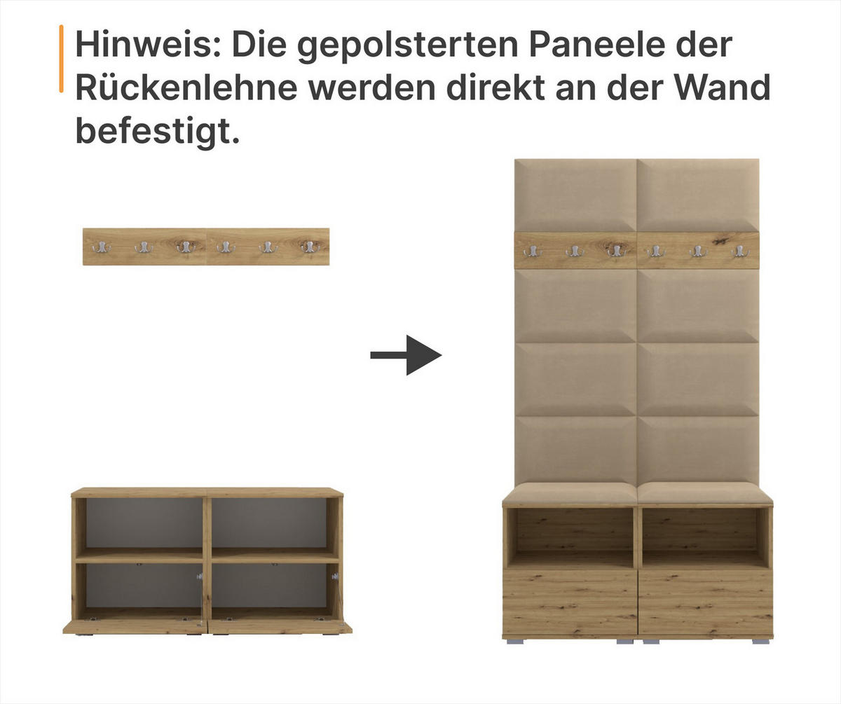 GEPOLSTERT Garderoben-Set Nela I LUX (Eiche Artisan + Stoff Trinity 16) - Silberfarben/Schwarz, Holz/Holzwerkstoff (100/187/40cm) - Ravio