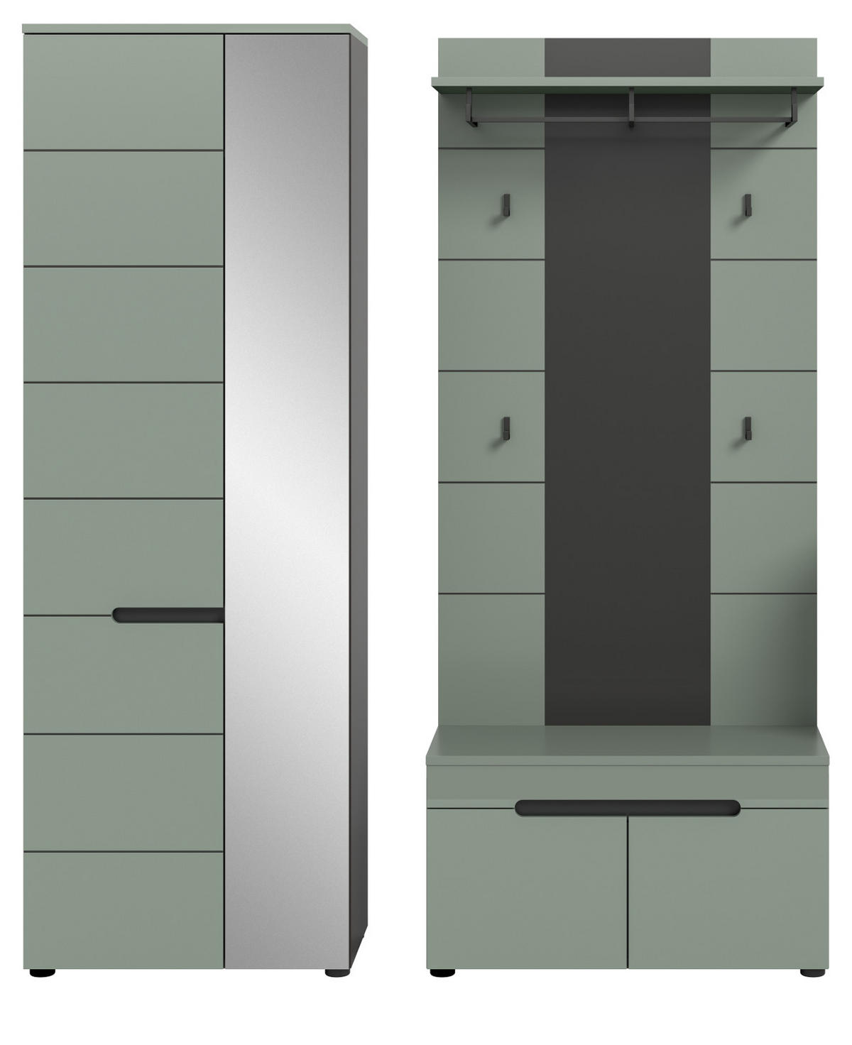 GARDEROBE-SET Salbei und Grau, 3-teilig, 160 x 190 cm, Soft-Close, Cooper - Salbeigrün/Schwarz, Holzwerkstoff/Kunststoff (160/190/37cm) - Inn.Furn