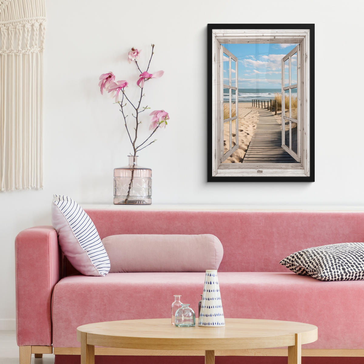 GERAHMTES BILD Fenster - Meer - Küste - Natur - Ausblick - Strand - Wattenmeer 40x60 cm - Beige, Papier (40/60cm) - MuchoWow