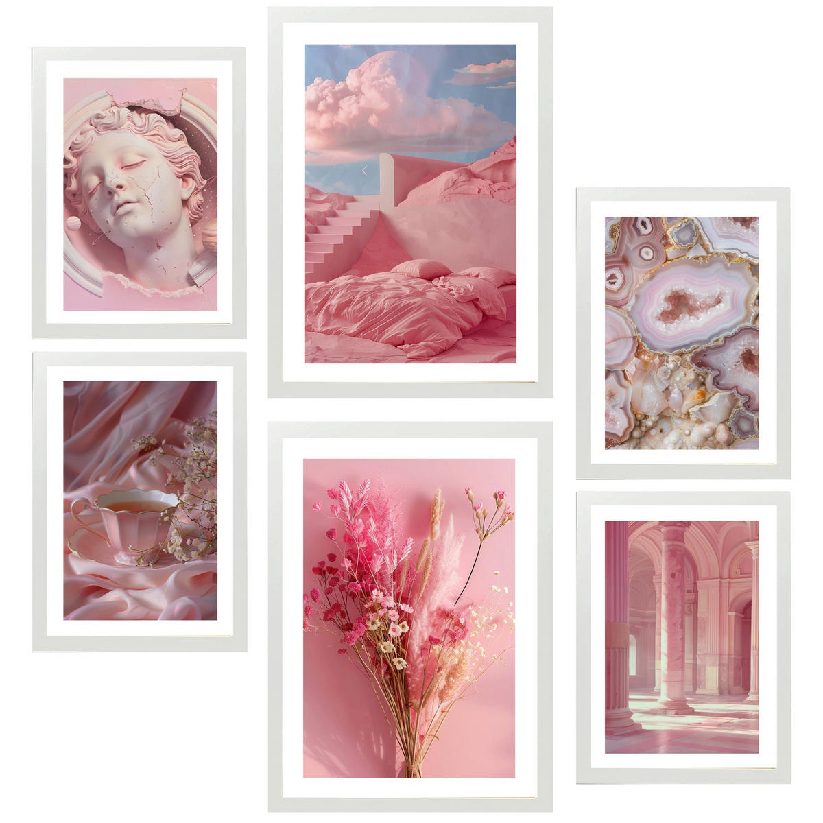 POSTER Set Mit 6 Rosa Komposition A3 & A4 Weißer Rahmen - Weiß, Papier (29/3cm) - Nacnic