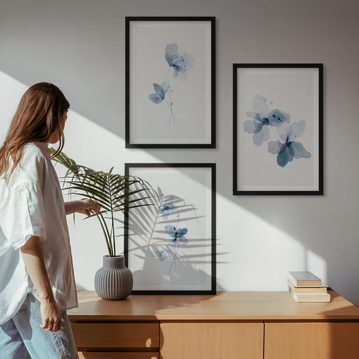 WANDBILDER 3er-Set - 40x60 cm Schwarzer Rahmen - Blaue Blumen - Schwarz, Kunststoff (40/60cm) - ArtPrintCave