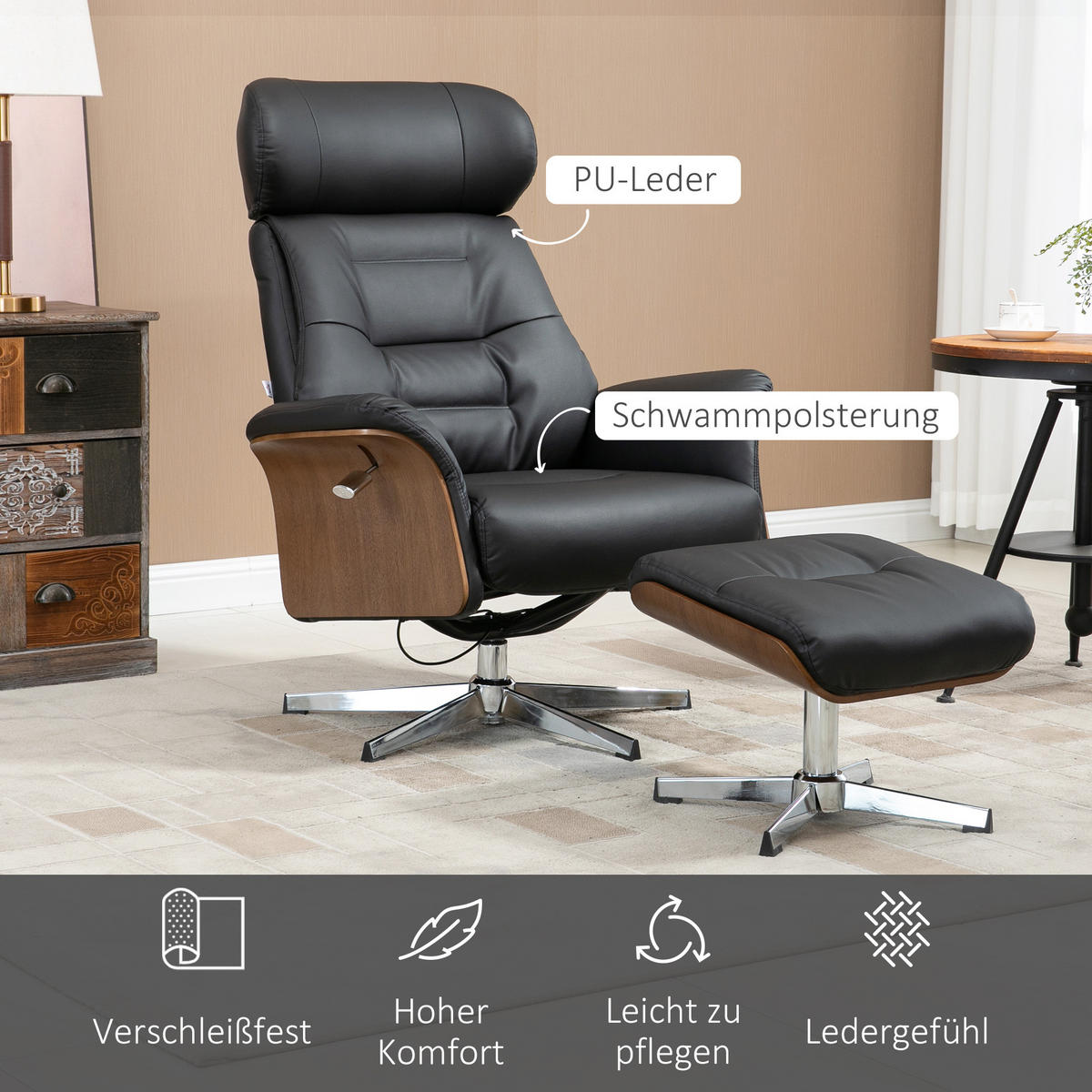 RELAXSESSEL mit Hocker, Fernsehsessel mit Liegefunktion Ruhesessel, TV-Sessel - Silberfarben/Schwarz, Leder/Metall (84/108/80cm) - HOMCOM