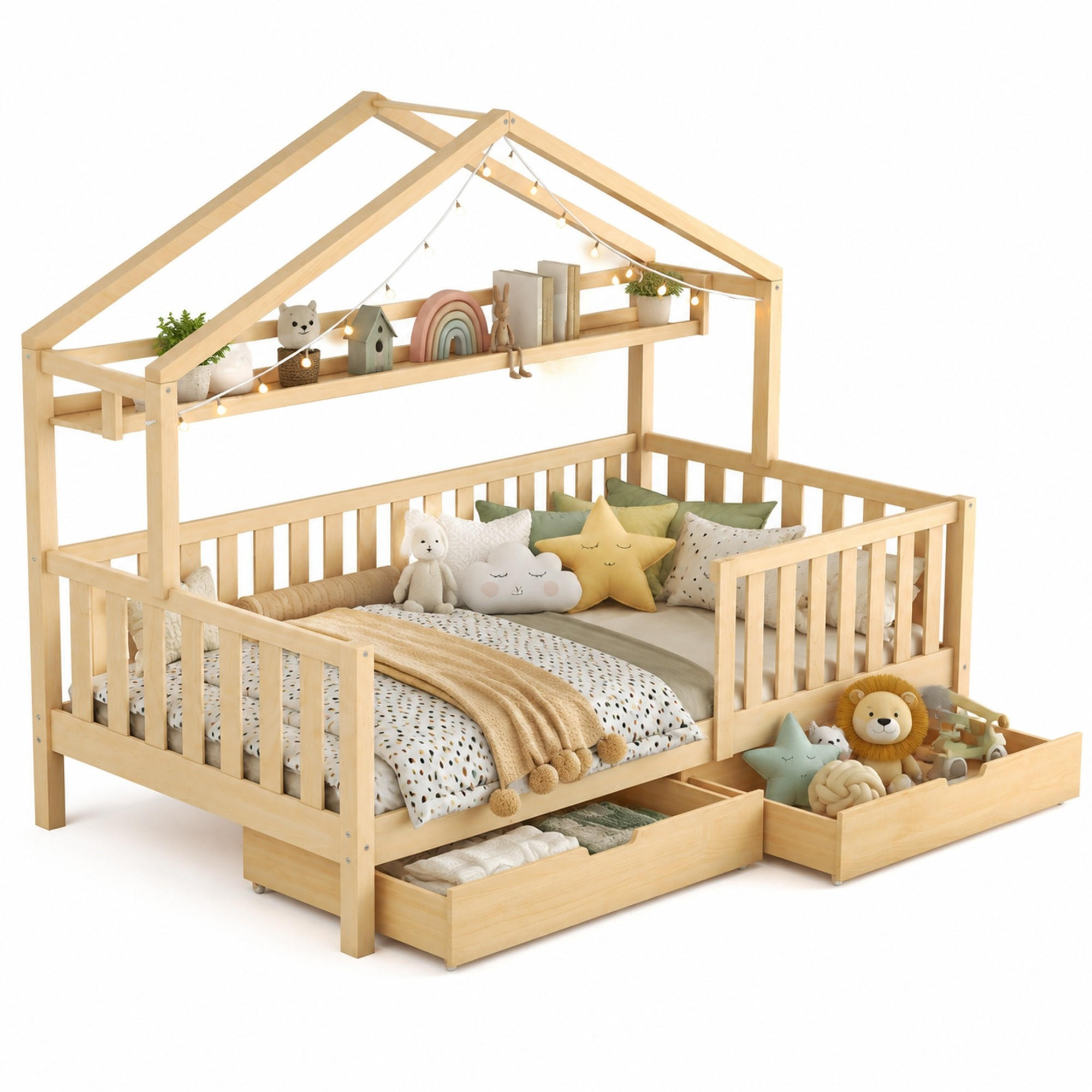 KINDERBETT 90/200 mit Schubladen, Lattenrost und Ablagefläche in Natur - Naturfarben, Holzwerkstoff (90/200cm) - EVRYAE