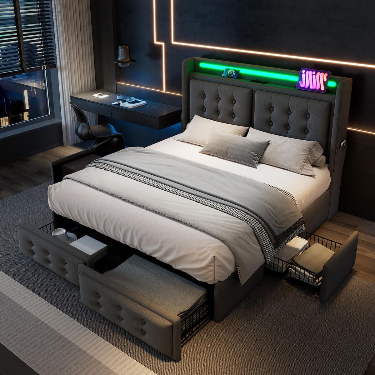 POLSTERBETT 160x200cm Doppelbett LED-Kopfteil USB-C 4 Schubladen Grau - Grau, Holz - FLIEKS