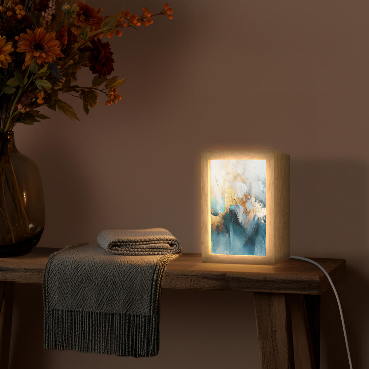 NÁSTĚNNÁ LAMPA Abstraktní - umění - zlatá - modrá 15x20 cm - tyrkysová, kompozitní dřevo (15/20/8cm) - OnlyWow