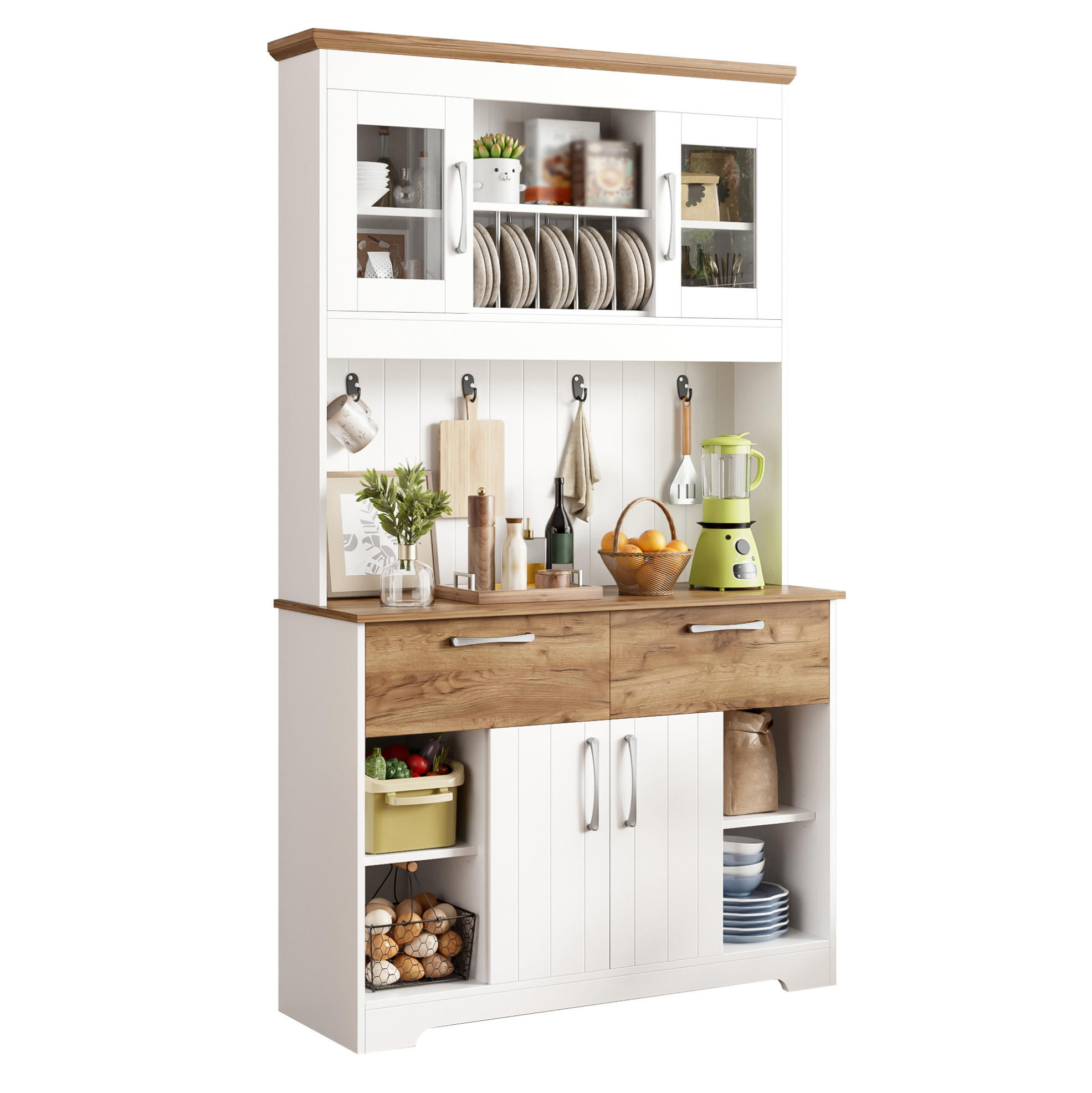 BUFFET 106/176,5/39 cm Weiß/Natur aus Spanplatte mit Vitrinenfächern - Naturfarben, Holzwerkstoff (39/176.5/106cm) - OKMYHOME