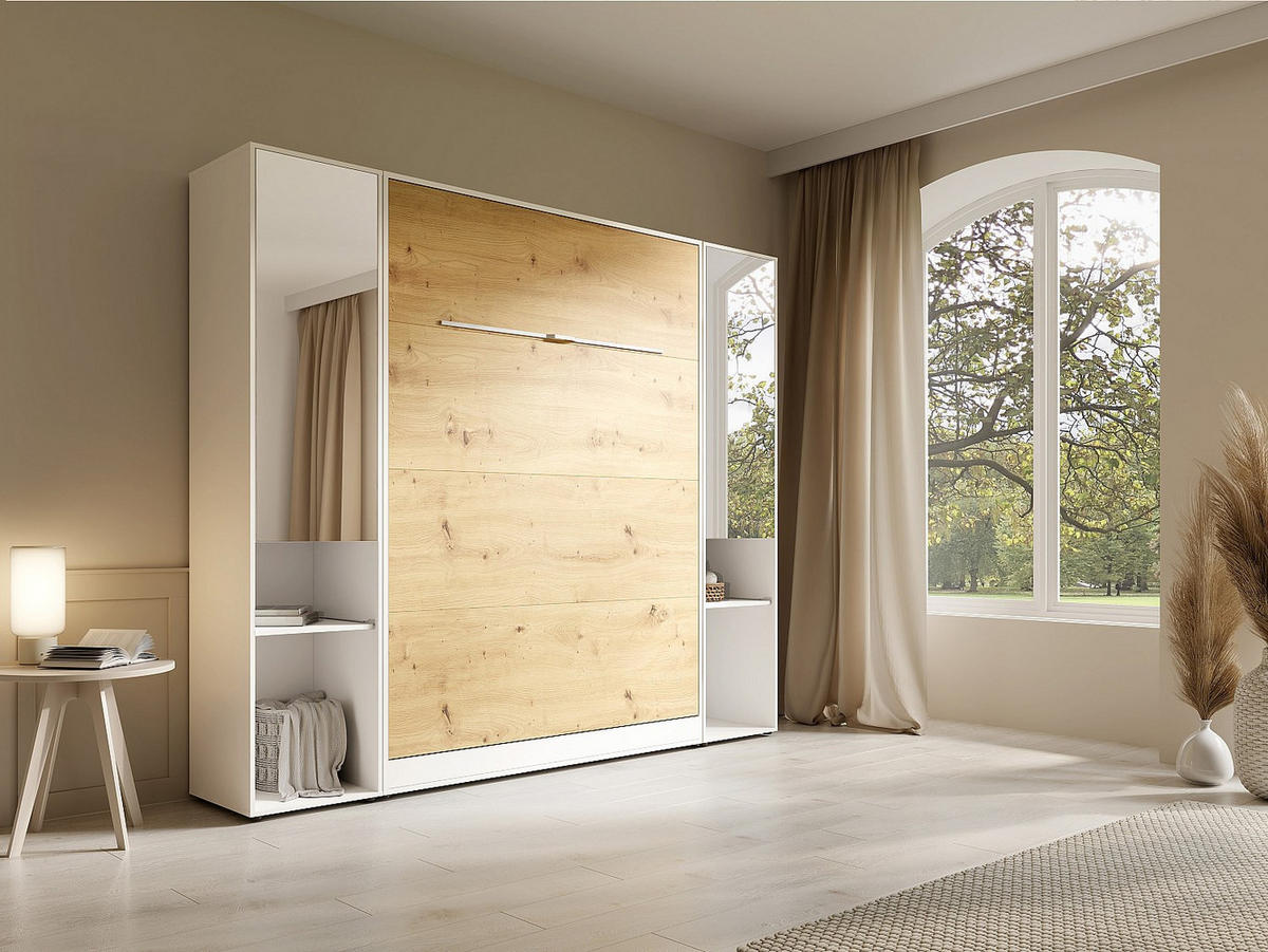 SCHRANKBETT - 2 Personen - holz - naturfarben hell, weiß Rapili - Naturfarben/Weiß, Holz (160/200cm) - Vente-Unique