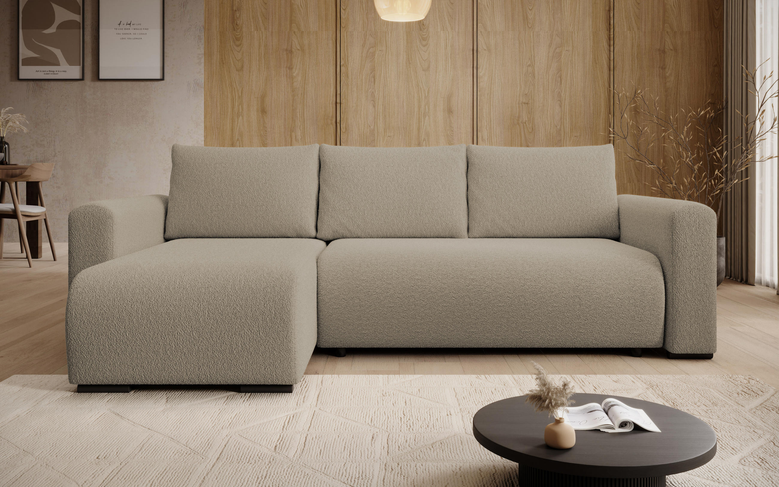 ECKSOFA DORA L, Eckcouch in L-Form mit Schlaffunktion und Bettkasten, Farbe: Hellbraun, Bouclé-Stoff, Ottomane Links - Hellbraun, Textil (240/143cm) - Storez24