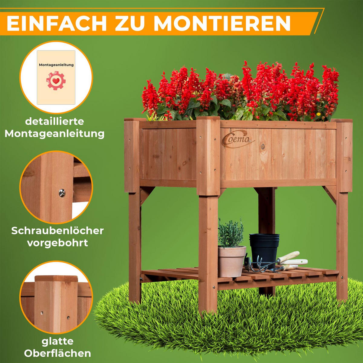HOCHBEET mit Ablage Holz 120/40/90 cm - Naturfarben, Holz (40/90/120cm) - Coemo