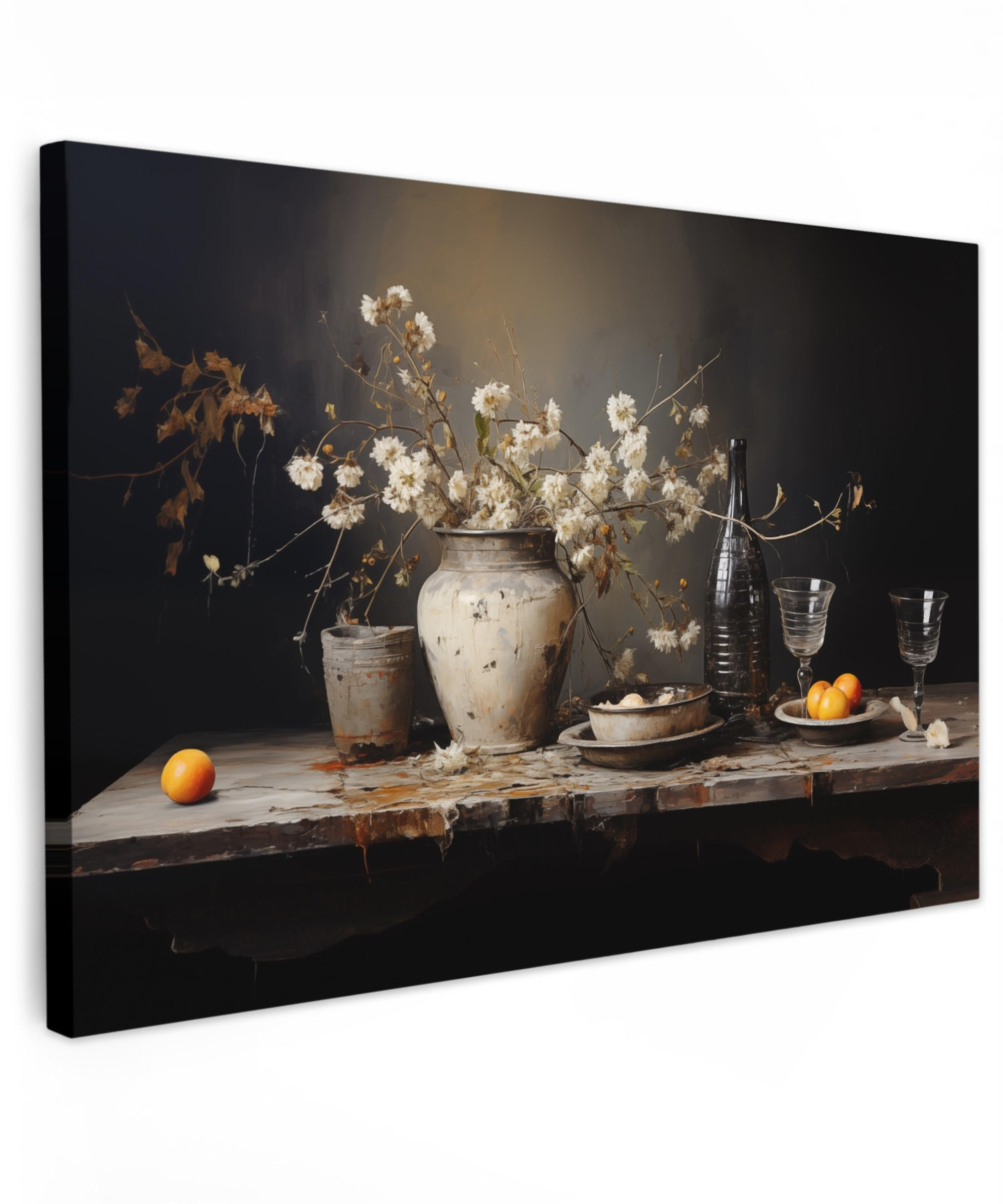 LEINWANDBILD Stilleben - Blumen - Blumenstrauß - Vase - Wein Gemälde 60x40 cm - Schwarz, Textil (60/40cm) - MuchoWow