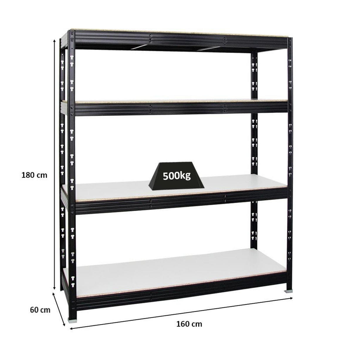 SCHWERLASTREGAL Rhino 180x160x60 cm 4 Melamin-Ebenen 16mm Fachlast 500 kg Schwarz - Schwarz/Weiß, Metall (160/180/60cm) - PROREGAL