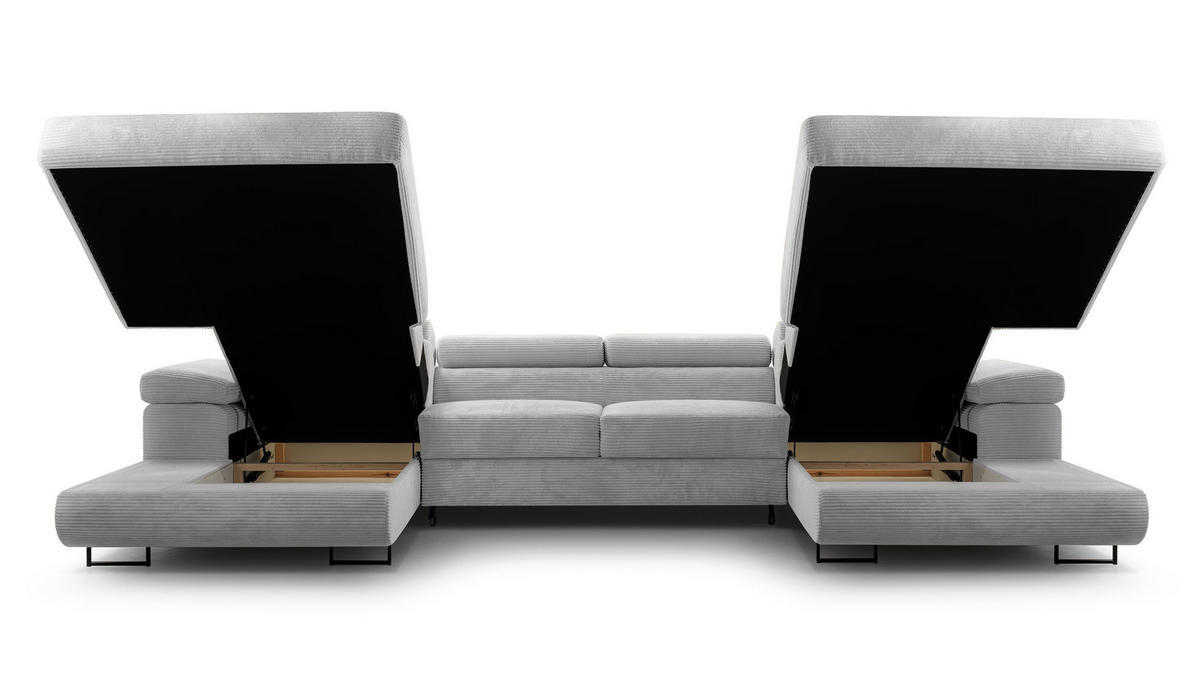 WOHNLANDSCHAFT Arborio Hellgrau 352/202/90 cm mit Schlaffunktion - Hellgrau/Schwarz, Textil/Metall (352/90/202cm) - AX Living