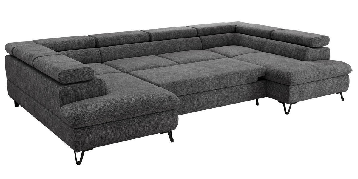 WOHNLANDSCHAFT PABLO U Schenille grob gewebt Grau - Schwarz/Grau, Textil/Metall (346/76/208cm) - MKS