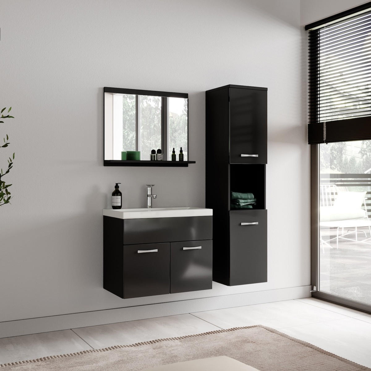 BADEZIMMERSCHRANK Montreal mit 2 Türen Schwarz Hochglanz - 30 x 30 x 130 cm - Schwarz, Holz (30/131/30cm) - Badplaats