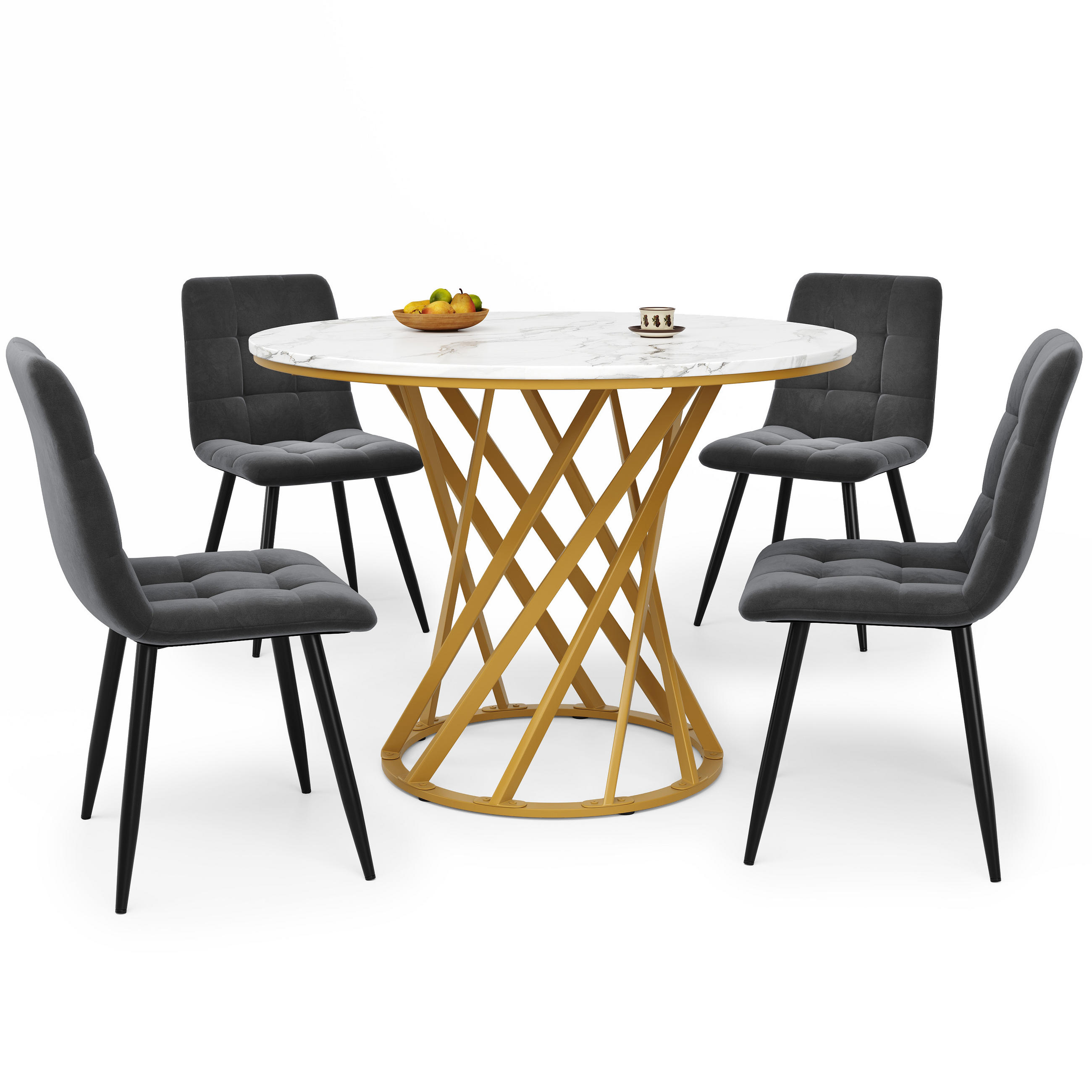 ESSTISCHSET 5-Teilig Rund 80 Cm, Weiße MDF, 4 Dunkelgraue Samtstühle, Gold - Multicolor, Metall (80/76/80cm) - FLIEKS