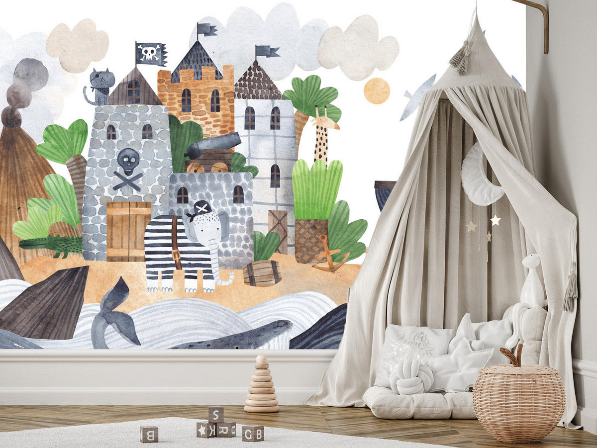 FOTOTAPETE für Kinderzimmer Märchen Piratenfestung Schiff Meereswellen 100x70 - Blau/Beige, Papier (100/70cm) - Muralo