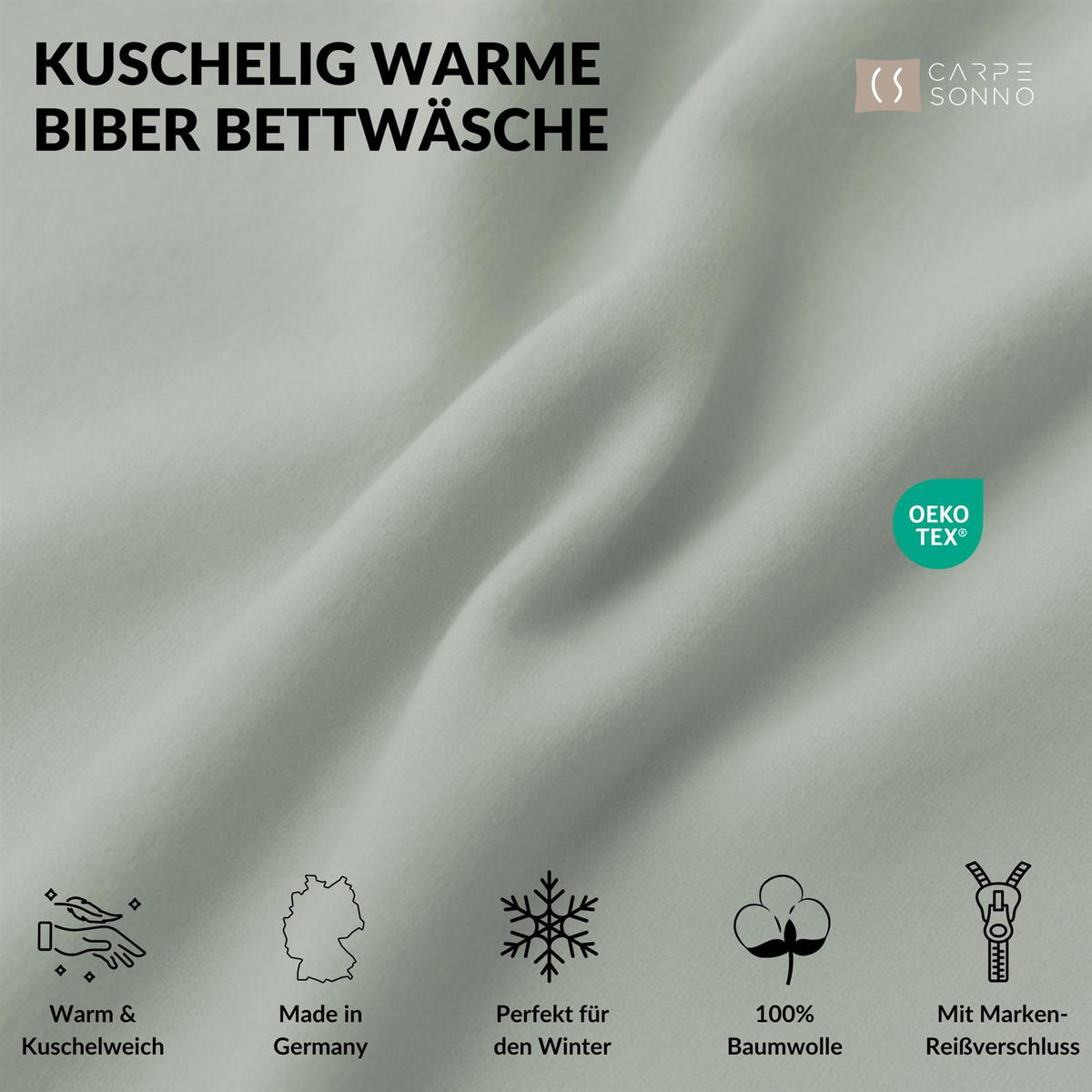 BETTWÄSCHE Biber 135x200 Salbei Grün Uni Flanell Winter Bettbezug - Made in Germany - Salbeigrün, Textil (155/220cm) - Carpe Sonno