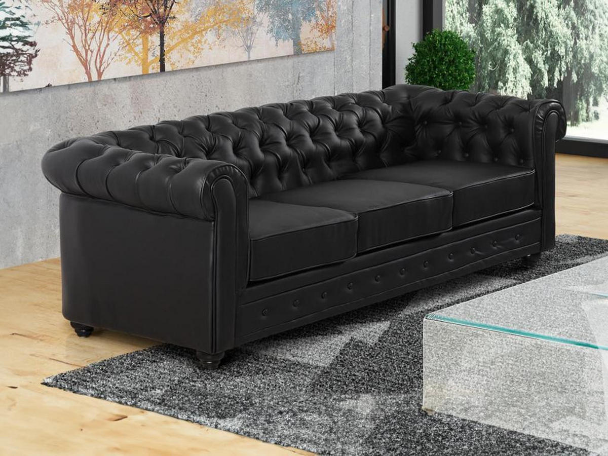 SOFA 3-Sitzer - Kunstleder - Schwarz - CHESTERFIELD - Schwarz, Leder (88/72/205cm) - Vente-Unique
