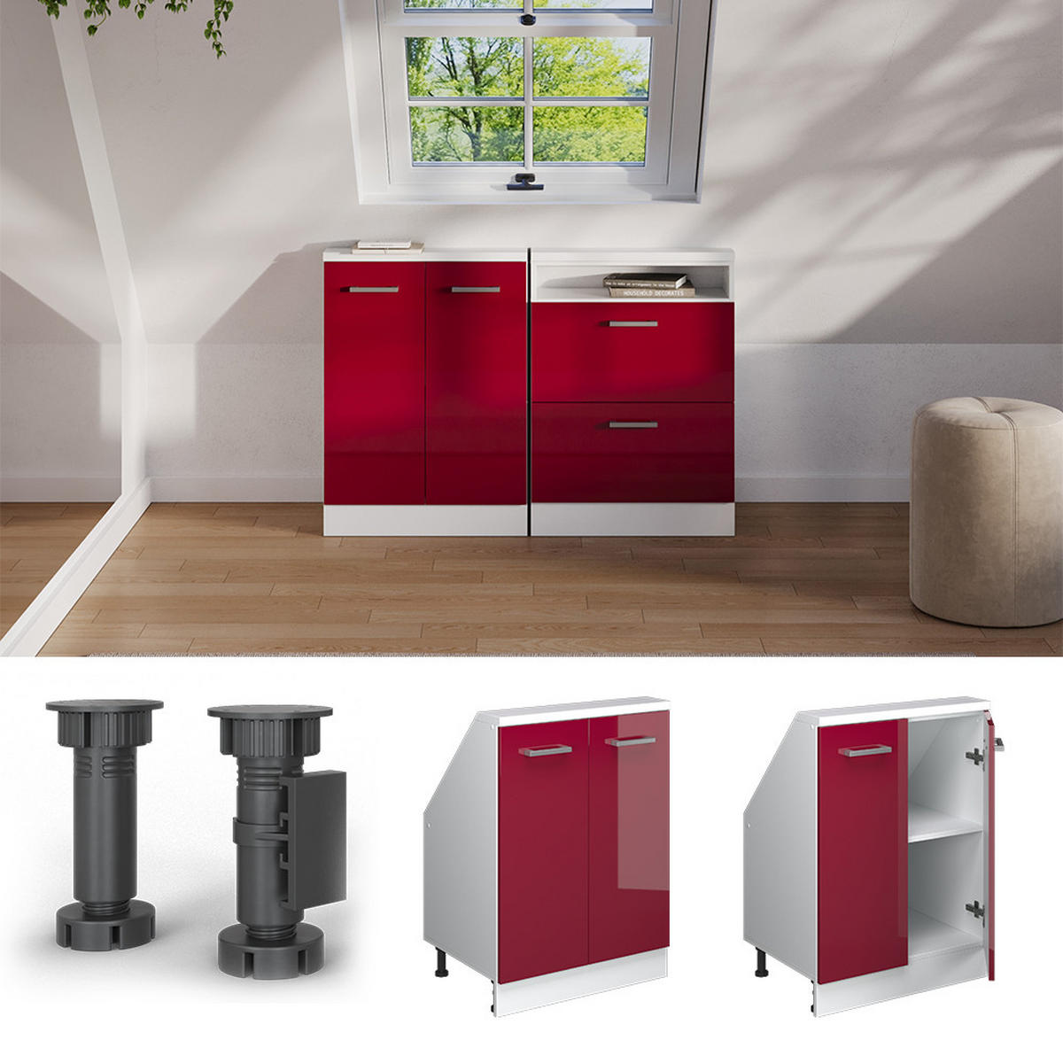 KUCHYŇSKÁ SKŘÍŇKA POD ŠIKMOU STŘECHU R-Line Červená/bílá s vysokým leskem - bílá/červená, kompozitní dřevo (60/81.6/46cm) - Vicco