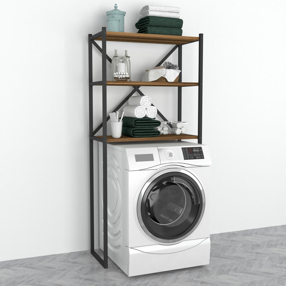 BADEZIMMERREGAL Askersund - Walnussfarben, Holzwerkstoff/Metall (66/160/34cm) - [en.casa]