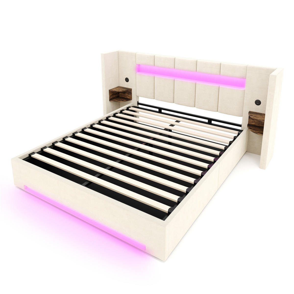 BOXBETT 160/200 mit Bettkasten, LED, USB/Typ C-Ladeanschluss,Samt,Beige - Beige, Metall (160/200cm) - LVHOM