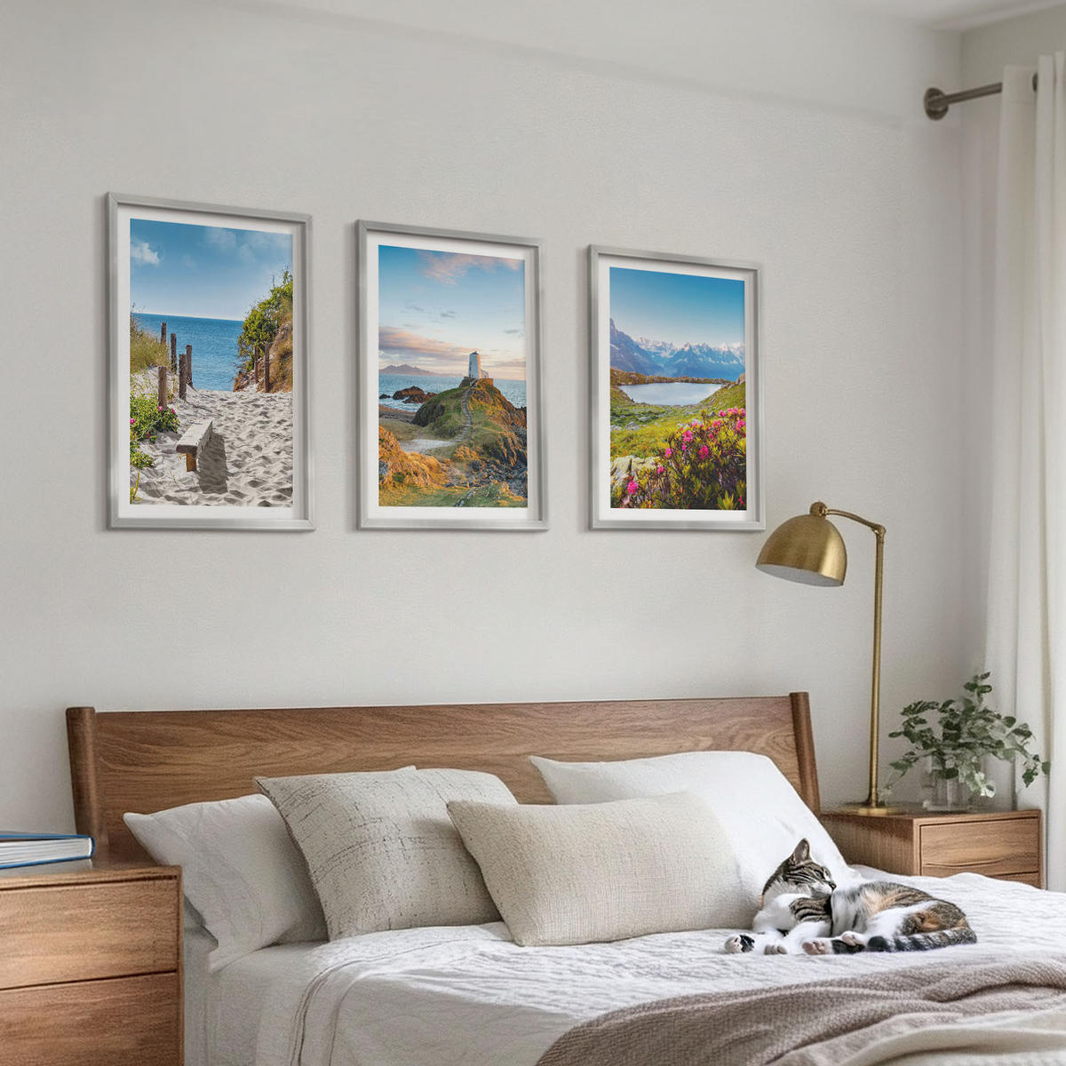 BILDER SET 3er Set - 40x60 cm Silberner Rahmen - Strand, Leuchtturm, Berge, Blumen - Silberfarben, Kunststoff (40/60cm) - TULUP