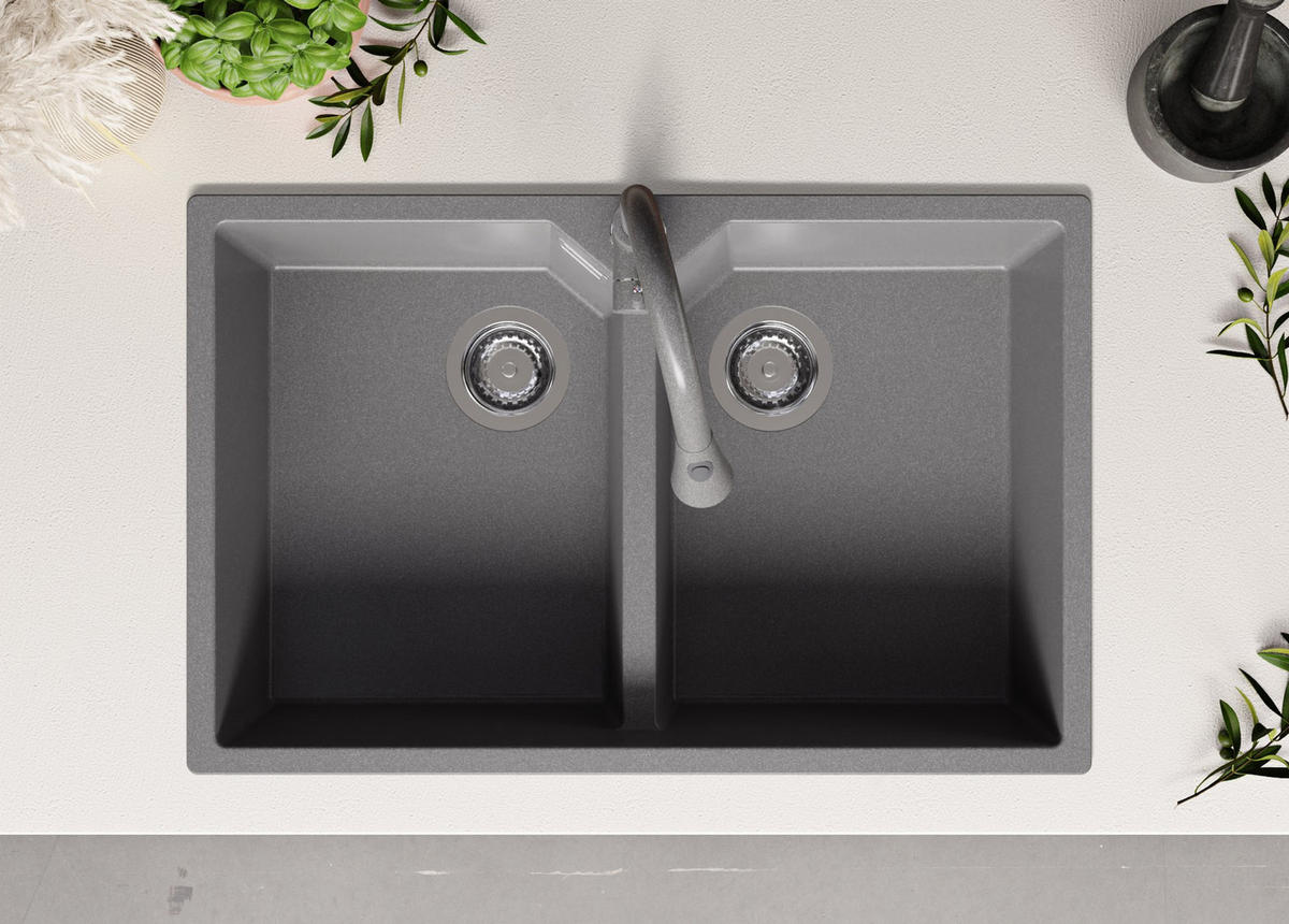 SPÜLBECKEN Madrid Twin, 2-er set Grau 78/50 cm 2 Becken + Ablauf-Set ab 80er Unterschrank - Grau, Kunststoff (78/19/50cm) - Primagran