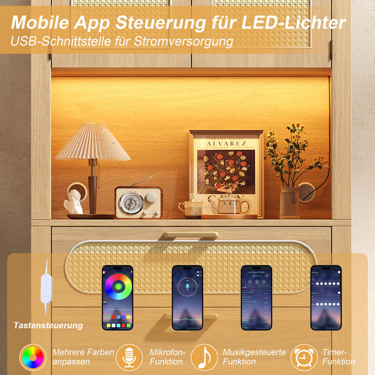 VITRINENSCHRANK Eiche Rattan LED 3 Schubladen 80x35x180cm - Multicolor, Holzwerkstoff (35/180/80cm) - FLIEKS
