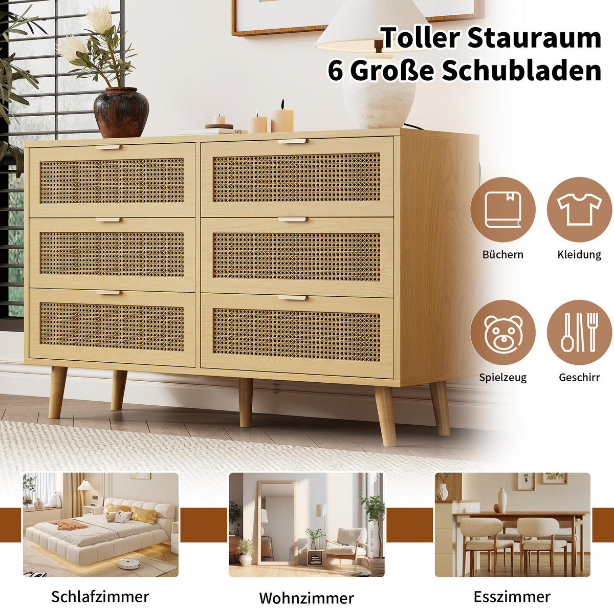 SIDEBOARD 120/40/76,5 cm aus Spanplatte mit 6 Schubladen und Rattan-Front Walnuss - Eichefarben, Holzwerkstoff (120/76.5/40cm) - Modenvie