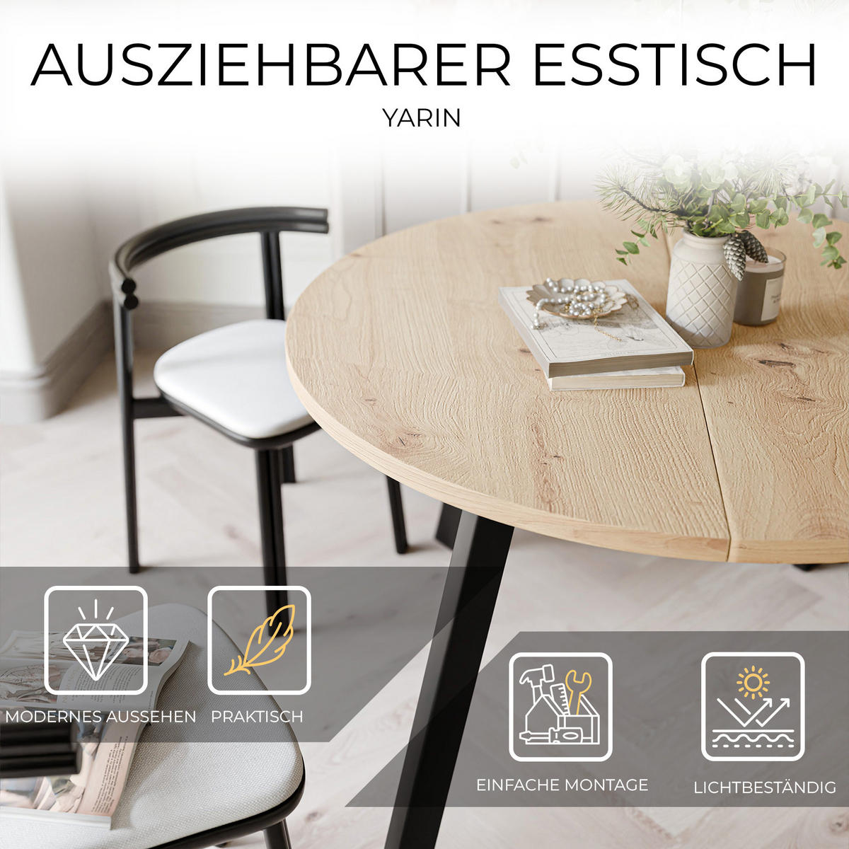 TISCH Schwarze Beine, MDF Tischplatte, Wotan Eiche - Hellbraun/Schwarz, Holzwerkstoff (100/100/76cm) - Idohome