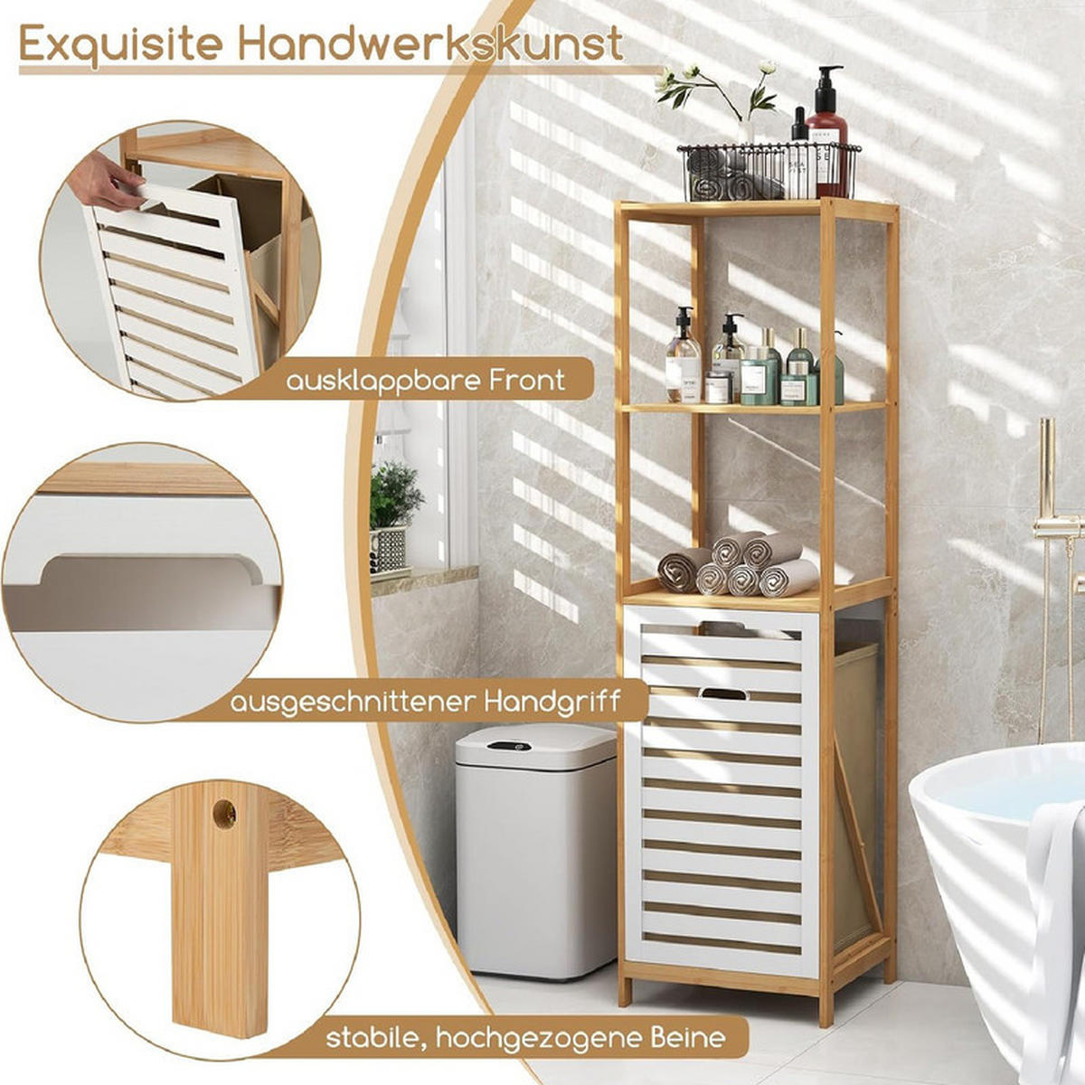 BADEZIMMERREGAL mit Wäschekorb natur - Naturfarben, Naturmaterialien (36/130/33cm) - COSTWAY