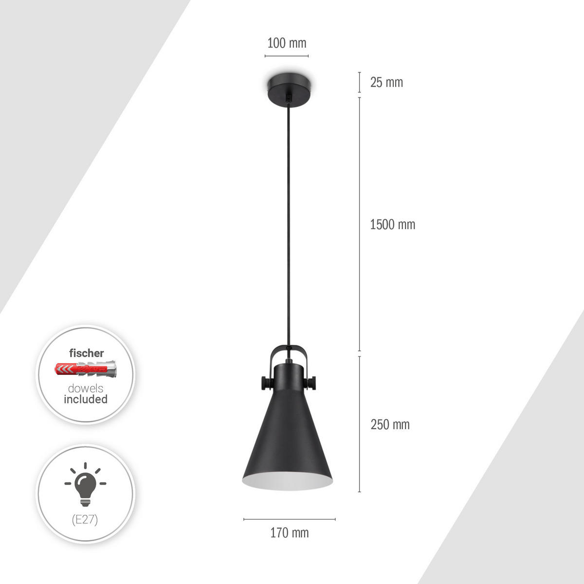 PENDELLEUCHTE Otto - Schwarz, Metall (17/17/25.4cm) - Paco Home