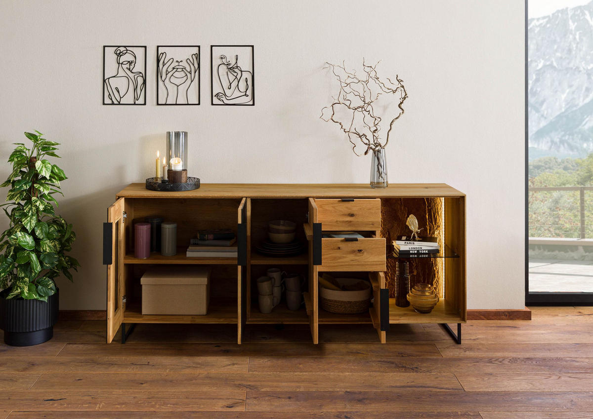 SIDEBOARD Wildeiche 180x43x79 natur geölt LINDAU #109 - Braun, Holz (180/79/43cm) - Massivmoebel24
