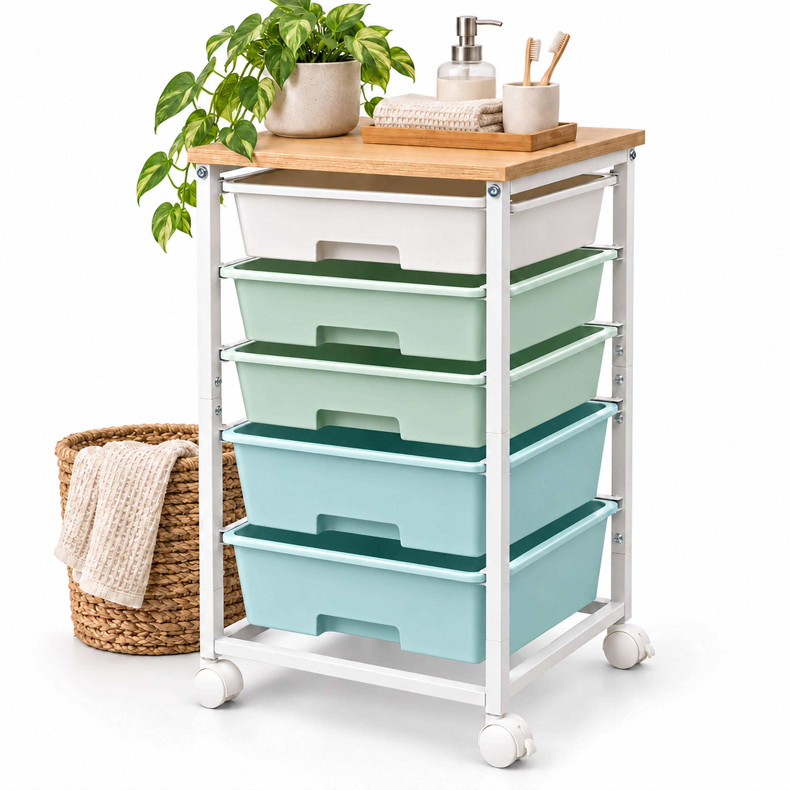 ROLLWAGEN Grün 5-Schubladen - Multicolor, Holzwerkstoff/Kunststoff (38.5/77/28.5cm) - Relaxdays