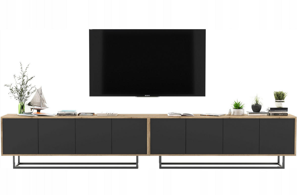 TV-SCHRANK 2-er Set Apollo2 Eiche wotan Schwarz Matt 150 cm - Schwarz, Holzwerkstoff/Metall (300/53/35cm) - Meble Lindner