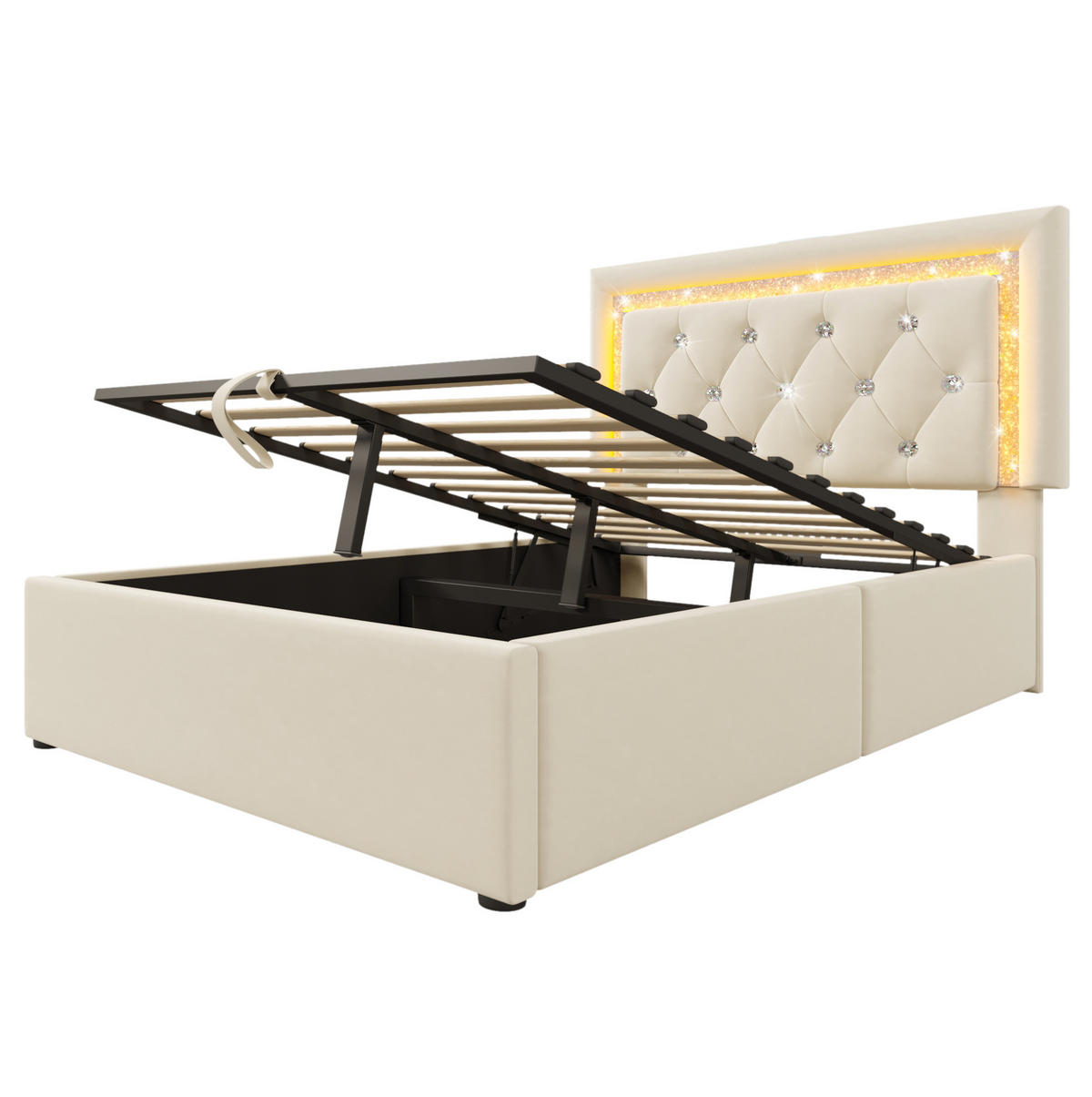 BETT mit LED, USB und Stauraum 90x200 cm Samt Beige - Beige, Metall (90/200cm) - Meubliv