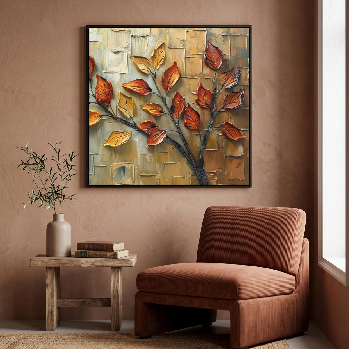 LEINWAND Bilder mit Rahmen - Baum - Abstrakt - Natur - Kunst - 90x90 - Goldfarben, Textil (90/90cm) - MuchoWow