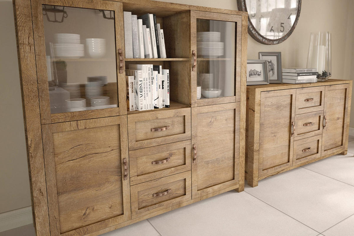 VITRINENSCHRANK RABO mit Glastür und Schubladen, Lefkas Eiche - Eichefarben/Braun, Holz (115/186/44cm) - KONSIMO®