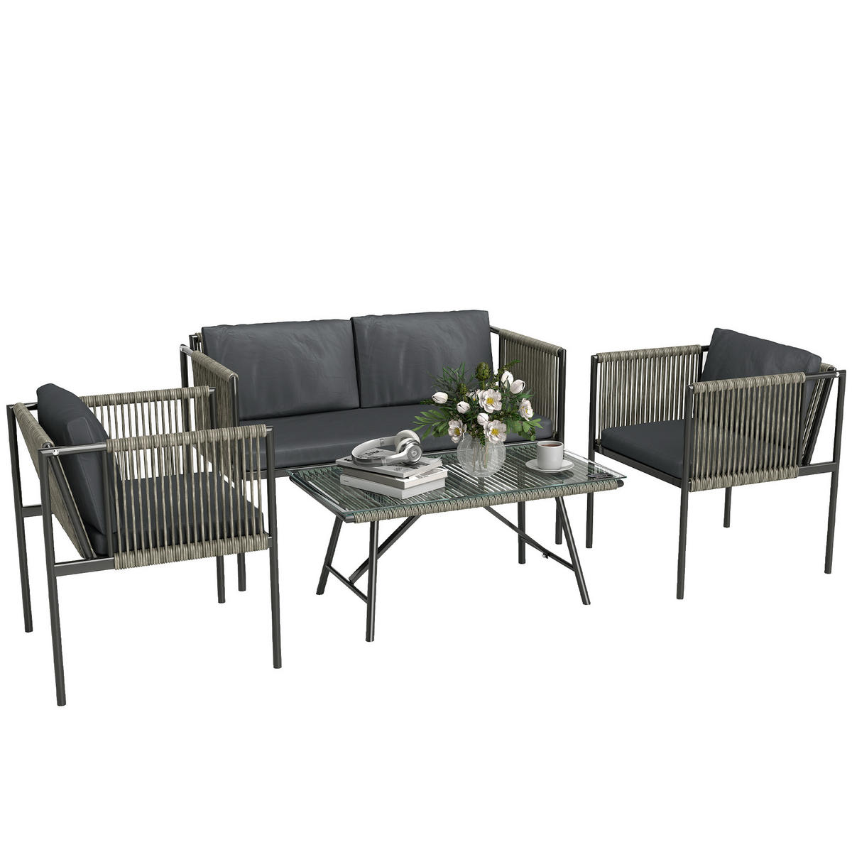 GARTENMÖBEL-SET DE-06725 4-teilig mit Glasplatte Grau - Grau, Kunststoff/Metall - ComfortXL