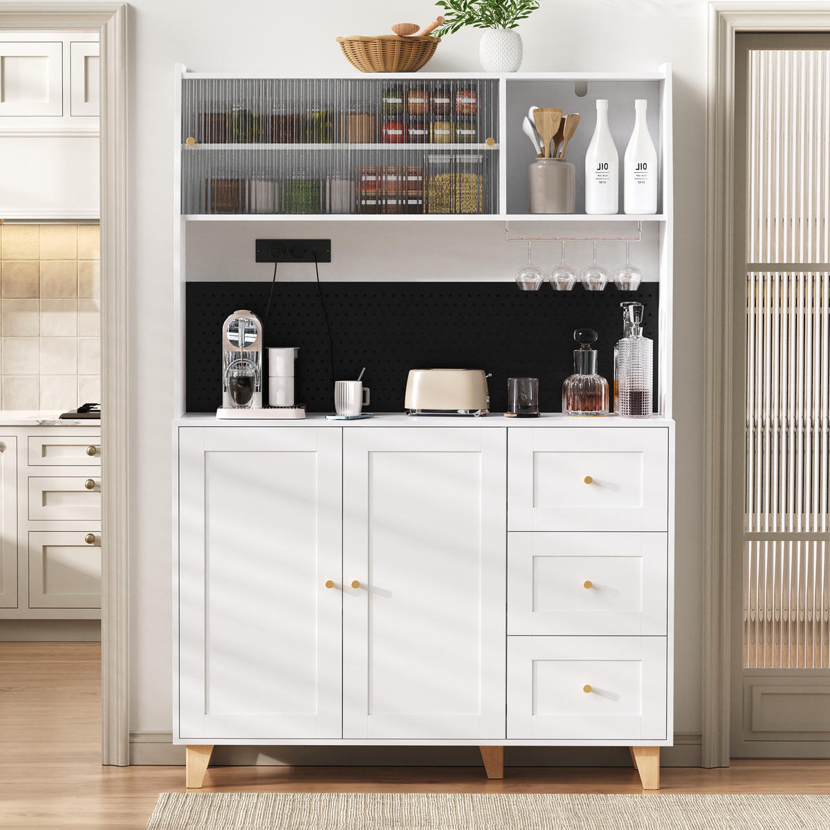 HIGHBOARD in Weiß Barschrank mit Weinglashaltern und Schubladen für Esszimmer und Küche, B120/T40/H184 cm - Naturfarben/Weiß, Glas/Holz (120/184/40cm) - STILVORA
